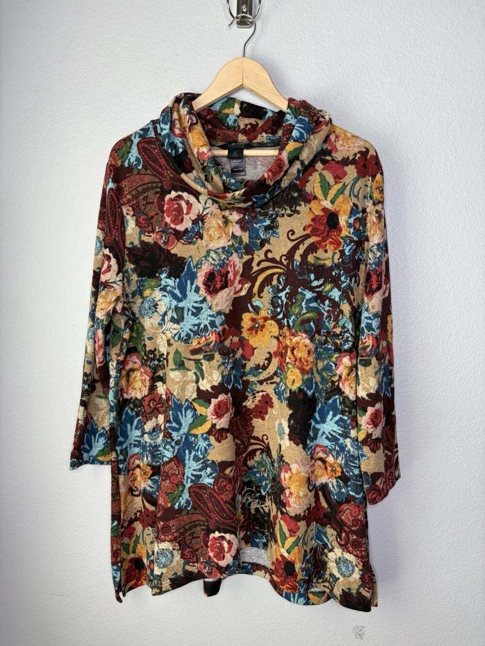 Ali Miles Women's XL Cowl Neck Tunic Top Floral Modest Artsy Stretch EUC